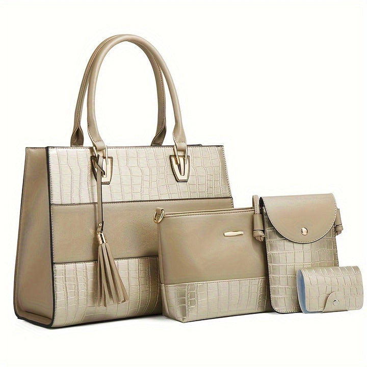 4 Pack Women Fashion Shoulder Handbags Wallet Tote Bag Top Handle Satchel Hobo With Zipper Closure Set - Total Trends Fusion