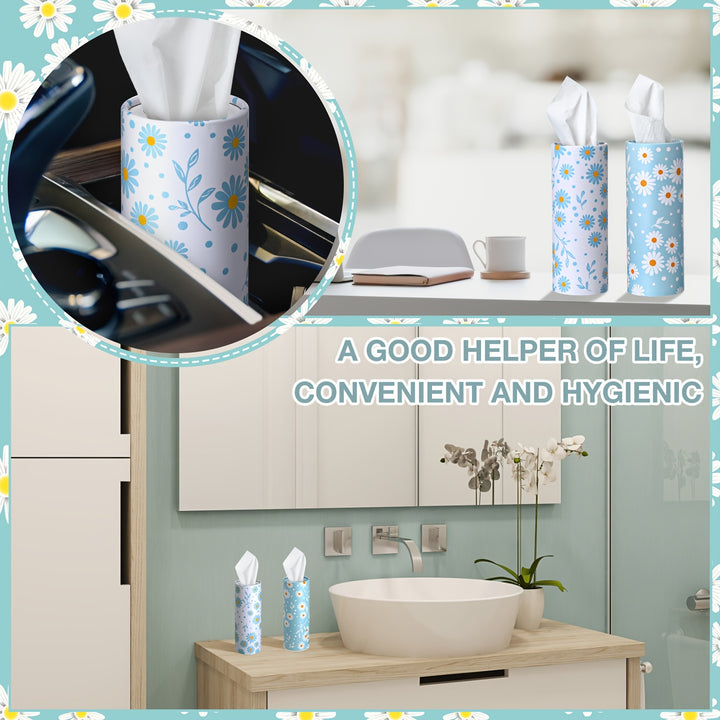 8 Pack Car Tissues Holder With Facial Tissues Bulk Car Tissues Cylinder Daisy Tissue Holder For Car Travel Tissues For Car Cup Holder Car Tissue Box Round Container (Blue, White) - Total Trends Fusion