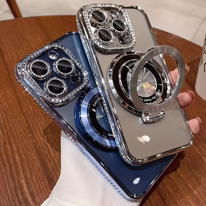 Luxury Bling Glitter Ring Bracket Magnetic Plating Phone Case For IPhone 15 14 13 12 11 Pro Max 15 Plus Kickstand Shockproof Soft Back Cove Accessories Protection - Total Trends Fusion