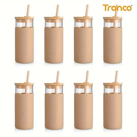 20 oz Glass Tumbler Glass Water Bottle Straw Silicone Protective Sleeve Bamboo Lid - BPA Free - Amber/ 8 Pack - Total Trends Fusion