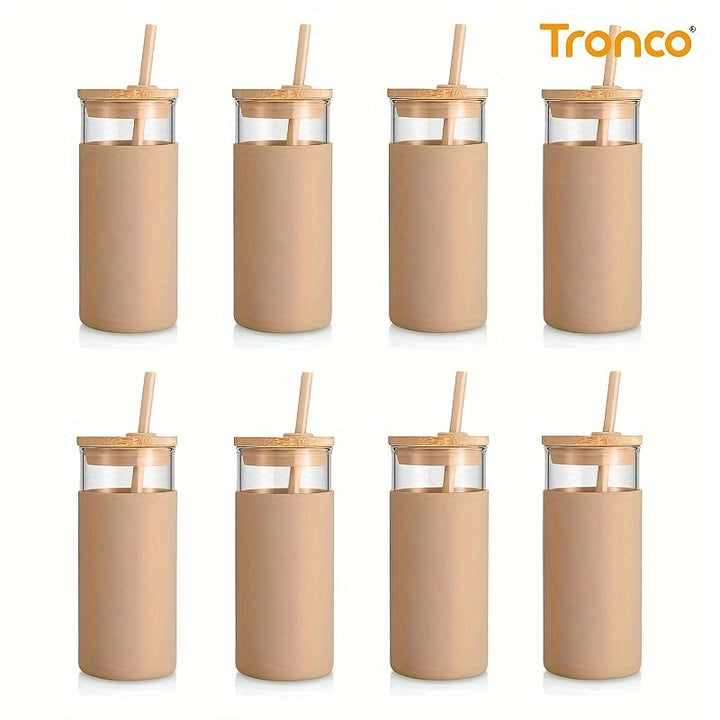 20 oz Glass Tumbler Glass Water Bottle Straw Silicone Protective Sleeve Bamboo Lid - BPA Free - Amber/ 8 Pack - Total Trends Fusion