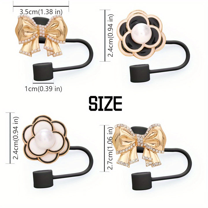 4-Pack Elegant Faux Pearl And Bow Silicone Straw Tips, 10mm Size, Dust Proof Straw Covers, Reusable Drinking Straw Lids, Decorative Cup Accessories - Total Trends Fusion