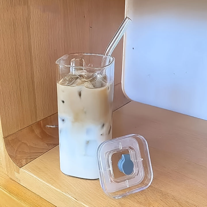 6/4pcs Square Glass Mugs with Lids, Portable Drinking Mugs, Perfect Coffee Mugs, Includes Glass Lid/Straw, Gift for Mug Collectors, Great for Office, Home, School, And Outdoor Use!
