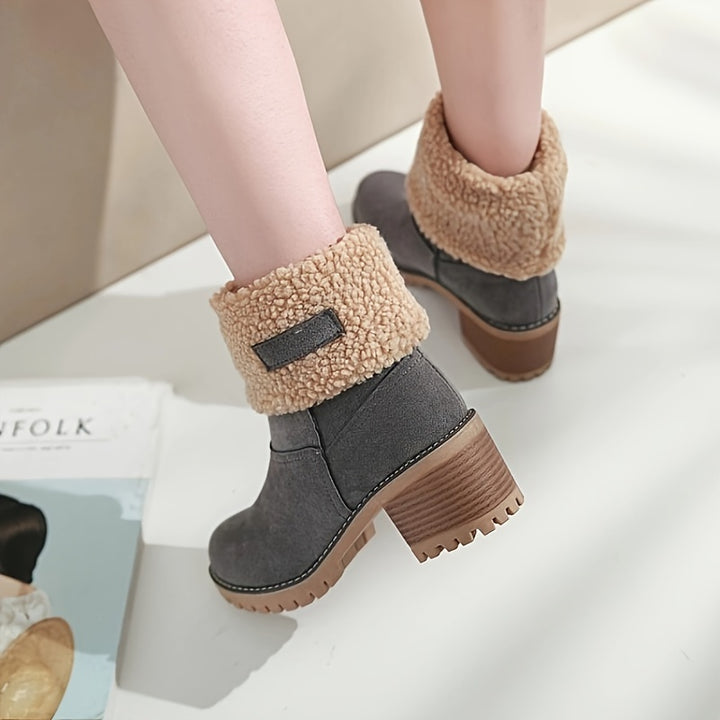 Winter Boots For Women, Comfortable Slip On Mid Chunky Heel Suede Warm Snow Ankle Boots Outdoor Shoes