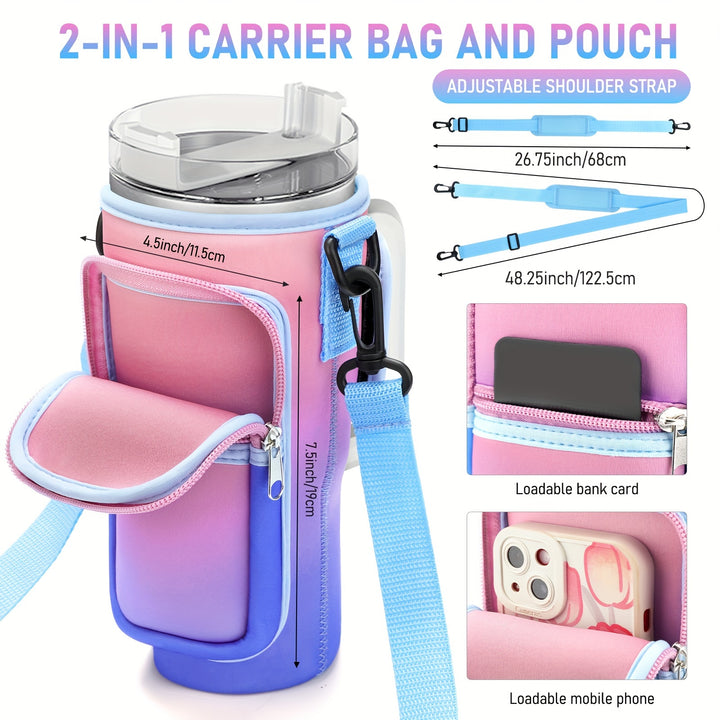 1pc Water Bottle Holder with Strap and Pocket For 40oz Tumbler Cup, Water Bottle Pouch With Adjustable Strap, Cup Accessories - Total Trends Fusion