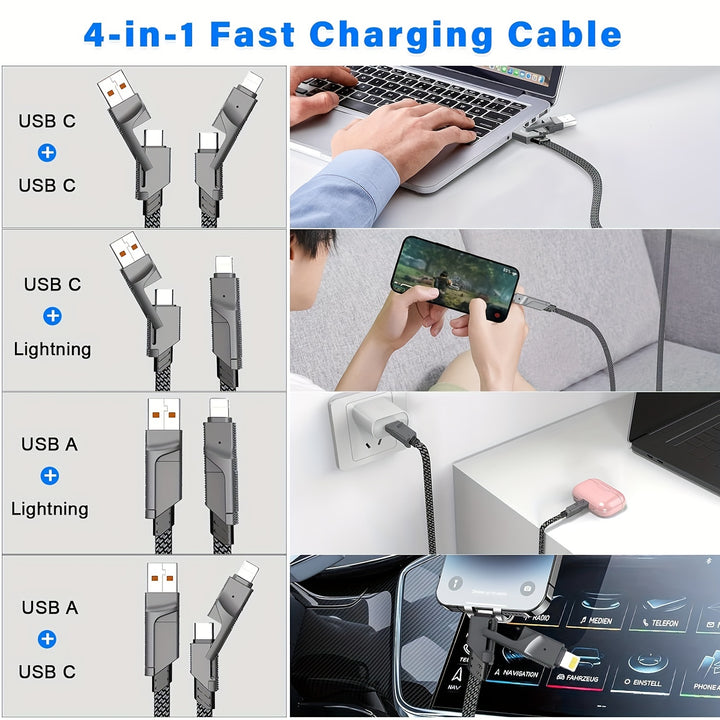 4-In-1 Usb-C Charging & Data Cable, 59" High-Speed Braided Cord With Multi-Connector Heads For Iphone, For Ipad, And For SamSung Galaxy - Supports Power Delivery Up To 120W - Total Trends Fusion