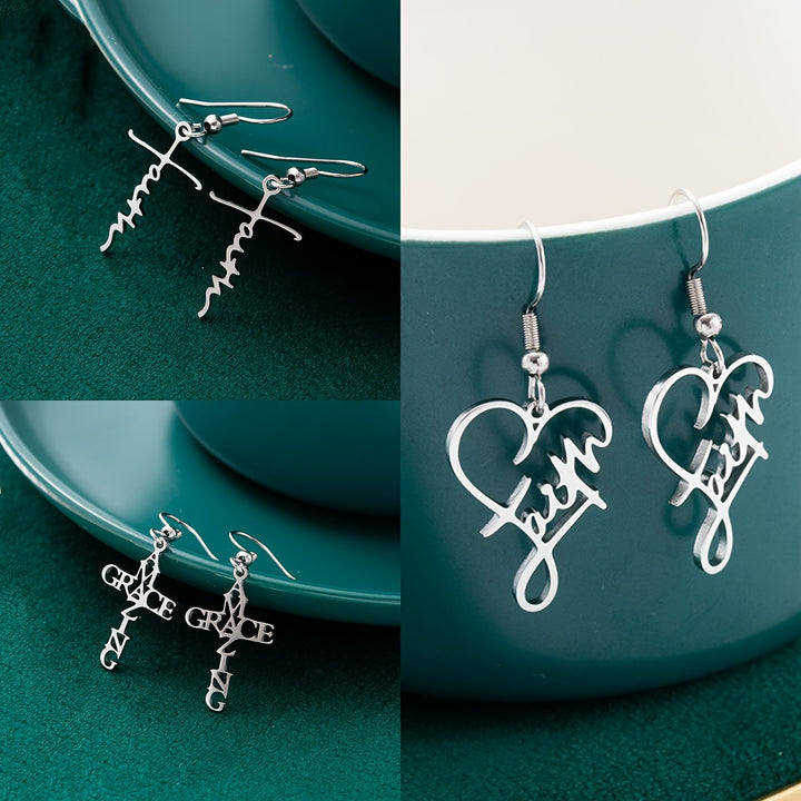 3 Pairs Stainless Steel Amazing Grace Shaped Hook Dangle Earrings, Unisex Jewelry for Daily Accessories and Chic Gifts - Total Trends Fusion