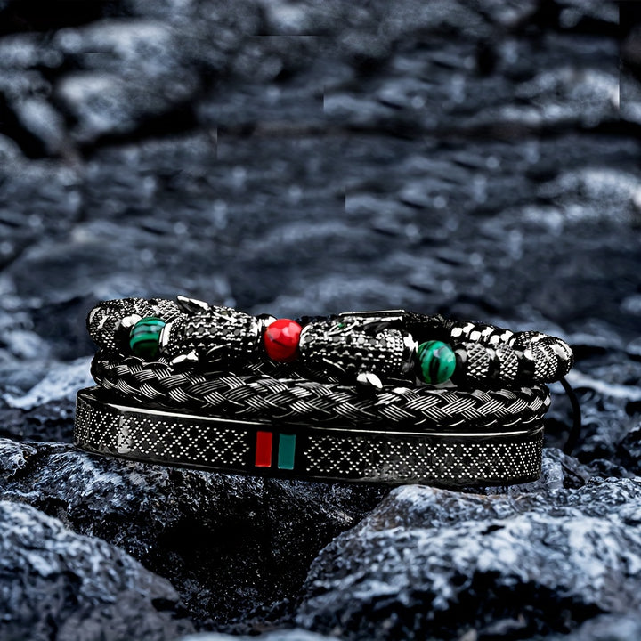 1pc Double Leopard Head Enamel Green Red Bracelet, Stainless Steel Bracelet Bangle, For Men Women - Total Trends Fusion