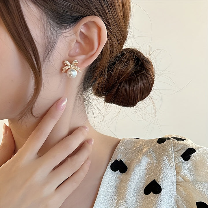 Chic Vintage-Inspired Bow & Faux Pearl Stud Earrings with Sparkling Rhinestones - Perfect for Parties & Festivals - Total Trends Fusion