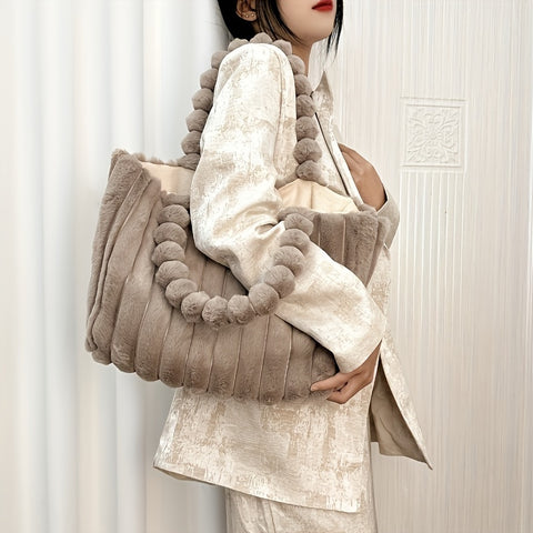 Trendy Corduroy Tote Bag with Faux Fur, Multiple Pockets, Lightweight, Durable, Casual Style, Perfect for Beach, Shopping, and Everyday Use - Available in Beige, Pink, and Black, Magnetic Closure, Polyester Lining, Hand Wash or Dry Clean