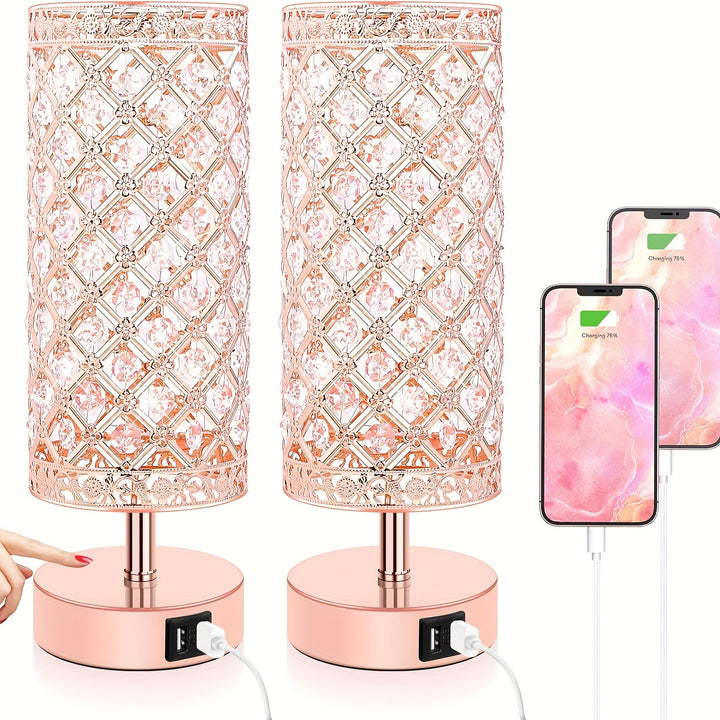 Touch Control Crystal Table Lamp Set of 2 Bedside Nightstand Lamps with 2 USB Charging Ports, 3-Way Dimmable, K9 Crystal Decorative Desk Lamp for Bedroom, Girls Guest Room, Living Room, Bulbs Included - Total Trends Fusion