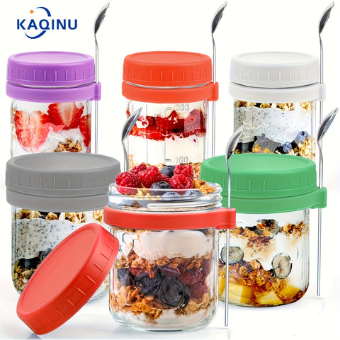 Overnight Oats Containers with Lid and Spoon, 16 oz & 10 oz Glass Mason Overnight Oats Jars, 3 Large & 3 Small Family Sharing, Airtight Jars for Salad, Cereal, Fruit (6 Pack) - Total Trends Fusion