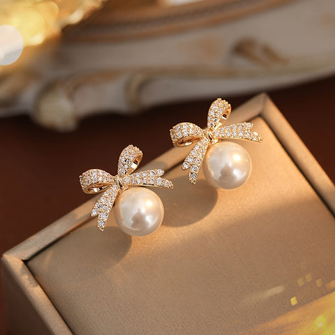 Chic Vintage-Inspired Bow & Faux Pearl Stud Earrings with Sparkling Rhinestones - Perfect for Parties & Festivals - Total Trends Fusion