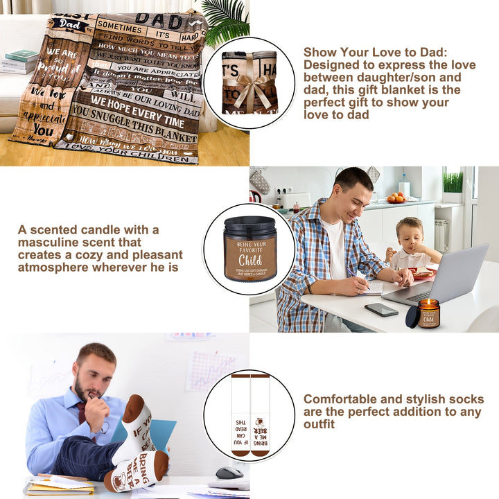 8pcs Best Gifts for Dad for Christmas Box Set Best Papa Ever Fathers Day Birthday Gifts Blanket Tumbler Socks Keychain Pillowcase from Daughter Wife Son