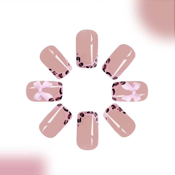French Tip Press on Nails Short Square Fake Nails with Leopard Print French Bow Designs Nude Glue on Nails Press Ons Glossy False Nails Reusable Cute Stick on Nails for Women 24 Pcs