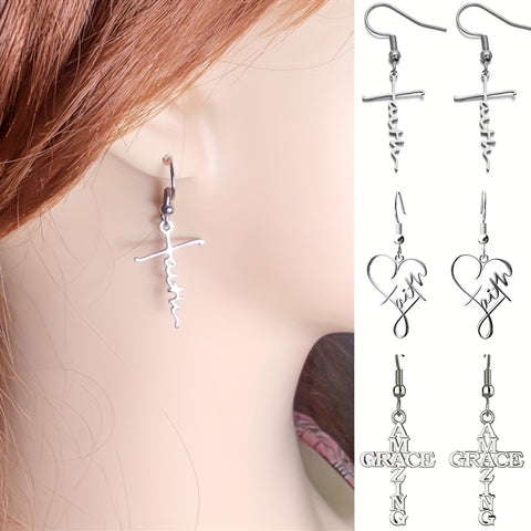 3 Pairs Stainless Steel Amazing Grace Shaped Hook Dangle Earrings, Unisex Jewelry for Daily Accessories and Chic Gifts - Total Trends Fusion