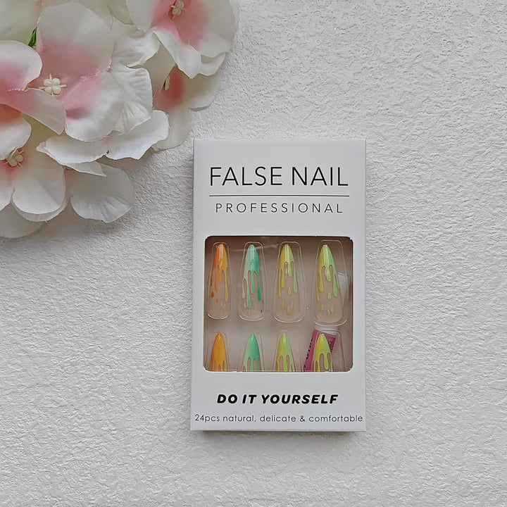 24Pcs Long Fake Nails Almond Press on Nail French Tip Glue on Nails Rainbow Ice Cream Design Acrylic Nails Almond Nails for Women and Girls