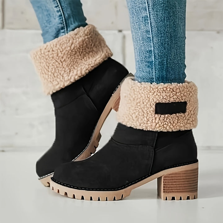 Winter Boots For Women, Comfortable Slip On Mid Chunky Heel Suede Warm Snow Ankle Boots Outdoor Shoes