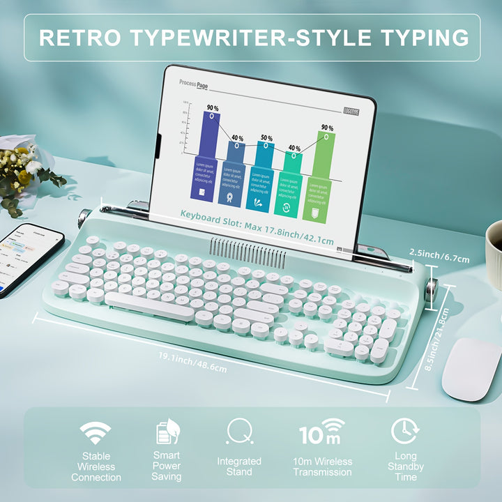 YUNZII ACTTO B503 Mint Wireless Typewriter Keyboard, Retro BT Aesthetic Keyboard With Integrated Stand For Multi-Device - Total Trends Fusion