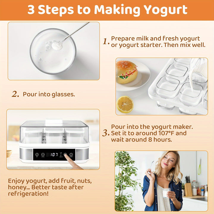 9-Cup Automatic Greek Yogurt Maker Machine - Temperature and Time Control, Glass Jars for Effortless Cleaning, Ideal for Homemade Yogurt, Healthy Snacks and Delicious Recipes - Total Trends Fusion