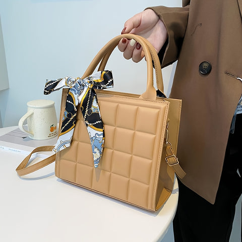 Womens Plaid Vintage Shoulder Bags Soft Embossed Design Crossbody Bags With Chic Scarf Pendant Commuter Office Bags - Total Trends Fusion
