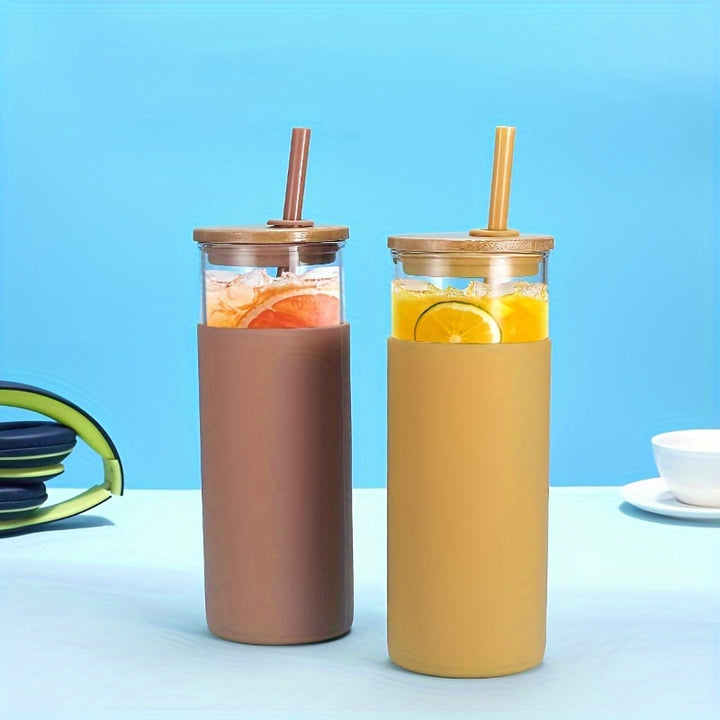 20 oz Glass Tumbler Glass Water Bottle Straw Silicone Protective Sleeve Bamboo Lid - BPA Free - Amber/ 8 Pack - Total Trends Fusion