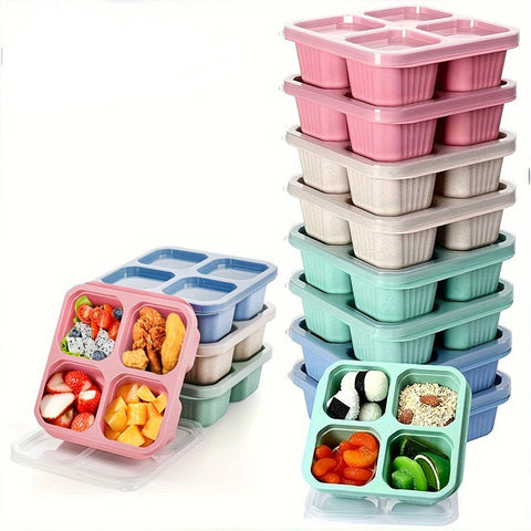 12 Pcs Bento Snack Containers 4 Divided Compartments Wheat Straw Snack Box with Lid Reusable Meal Prep Lunch Box Food Storage Containers for Adults Travel Work - Total Trends Fusion
