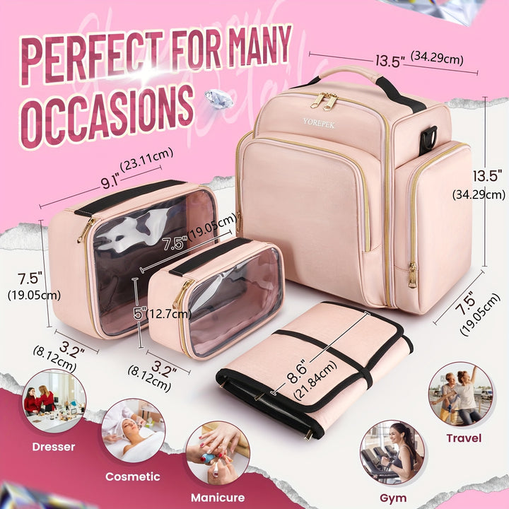 Large Travel Makeup Bag Organizer with 4 Removable Cases & 1 Jewelry Organizer Roll, Multiple Storage Pockets Cosmetic Bag Holds Toiletries/Skin Care/Hair Supplies/Brush, Gift For Women, Pink - Total Trends Fusion
