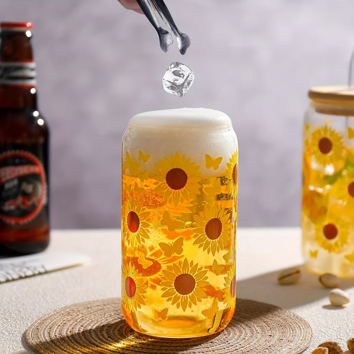 4PS Sunflower Printed Glass With Lid And Straw 16OZ Coffee Mugs, Drinking Mugs 4-Piece Set For Coffee, Milk Tea, Juice, Beer Mugs, Gift Mugs - Total Trends Fusion