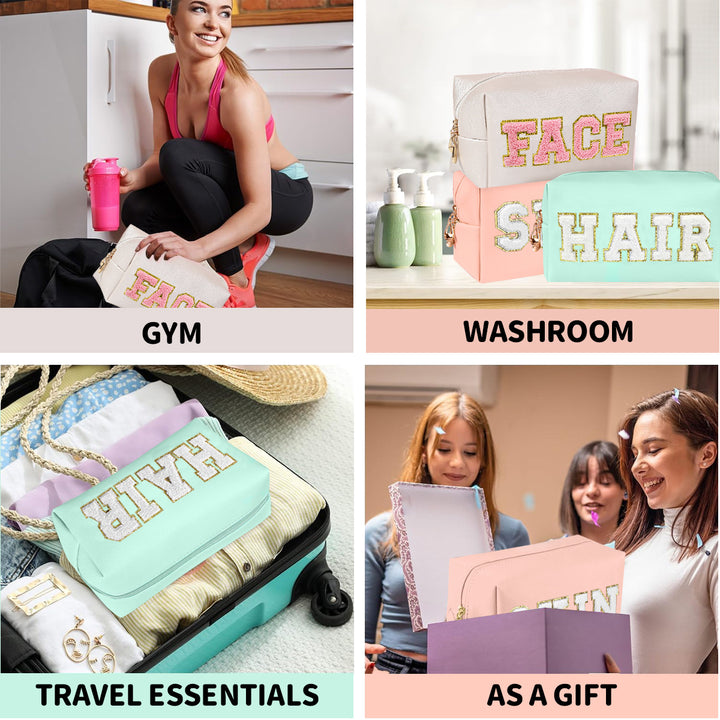3pcs Preppy Chenille Makeup Bag Set: Waterproof PU Leather Travel Toiletry Bag with Cute Zipper Organizer for Skin, Hair, and Face Care - Total Trends Fusion