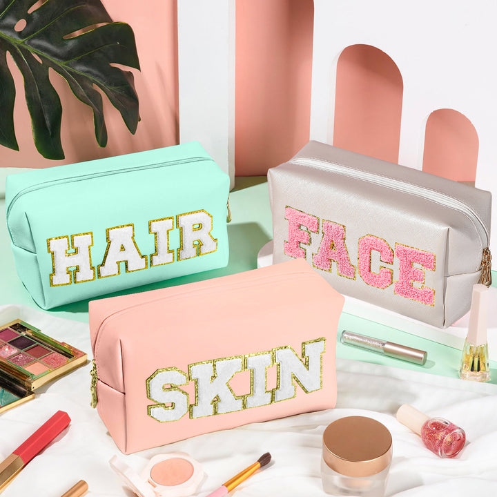 3pcs Preppy Chenille Makeup Bag Set: Waterproof PU Leather Travel Toiletry Bag with Cute Zipper Organizer for Skin, Hair, and Face Care - Total Trends Fusion