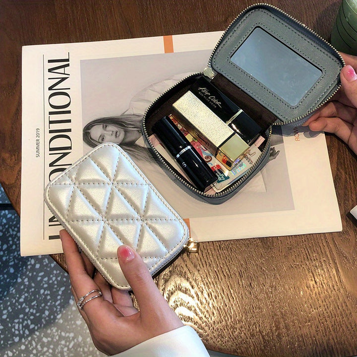 1pc Portable High-definition Mirror Cowhide Lipstick Storage Bag Makeup Bag Coin Purse