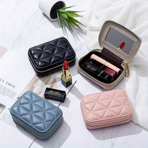 1pc Portable High-definition Mirror Cowhide Lipstick Storage Bag Makeup Bag Coin Purse - Total Trends Fusion