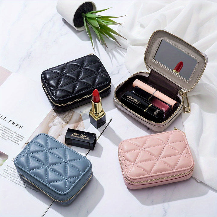 1pc Portable High-definition Mirror Cowhide Lipstick Storage Bag Makeup Bag Coin Purse - Total Trends Fusion