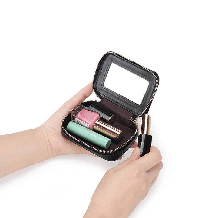 1pc Portable High-definition Mirror Cowhide Lipstick Storage Bag Makeup Bag Coin Purse - Total Trends Fusion