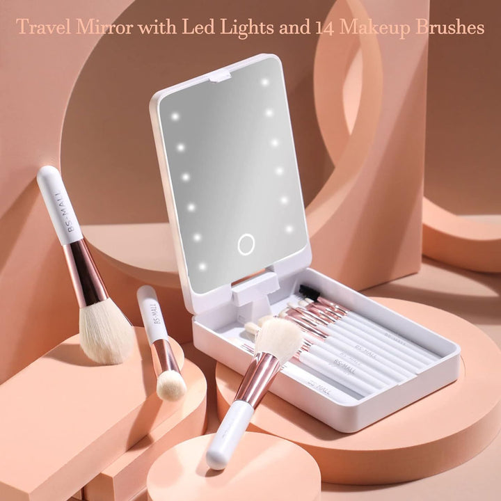 14-Piece Mini Travel Makeup Brush Set with LED Light Mirror - Portable Foundation, Powder, Concealers, Eye Shadows Makeup Kit - Compact, Travel-Friendly, Easy-to-Use, Soft Bristles, Multi-Functional - Total Trends Fusion