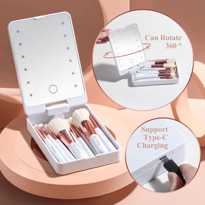 14-Piece Mini Travel Makeup Brush Set with LED Light Mirror - Portable Foundation, Powder, Concealers, Eye Shadows Makeup Kit - Compact, Travel-Friendly, Easy-to-Use, Soft Bristles, Multi-Functional - Total Trends Fusion