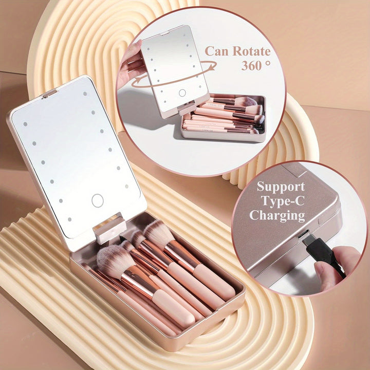 14-Piece Mini Travel Makeup Brush Set with LED Light Mirror - Portable Foundation, Powder, Concealers, Eye Shadows Makeup Kit - Compact, Travel-Friendly, Easy-to-Use, Soft Bristles, Multi-Functional - Total Trends Fusion