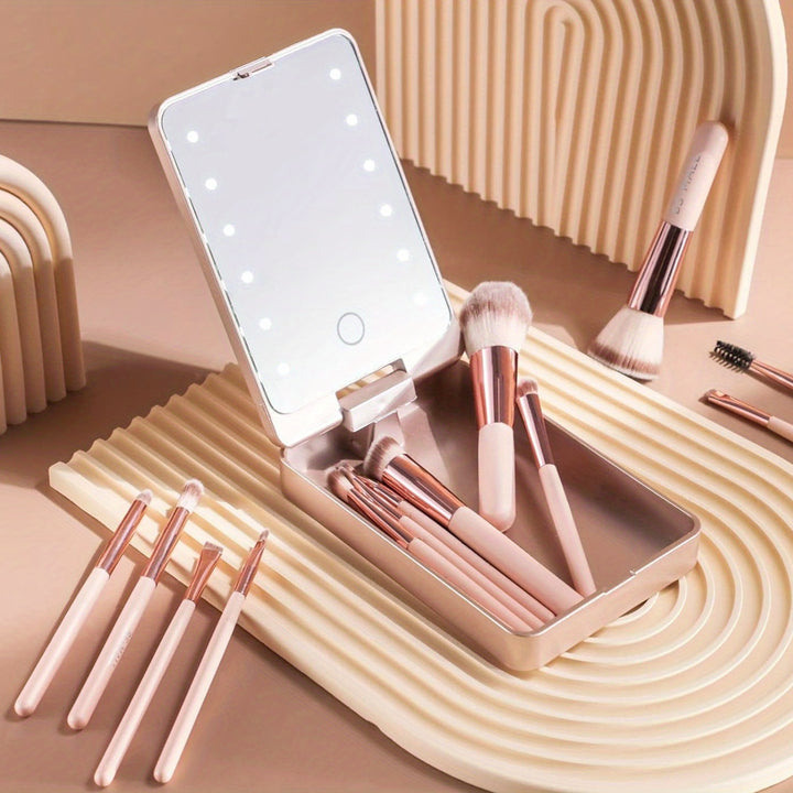 14-Piece Mini Travel Makeup Brush Set with LED Light Mirror - Portable Foundation, Powder, Concealers, Eye Shadows Makeup Kit - Compact, Travel-Friendly, Easy-to-Use, Soft Bristles, Multi-Functional - Total Trends Fusion