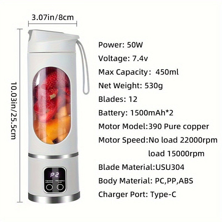 Portable USB Rechargeable Mini Blender & Juicer - 3 Modes, Digital Display, 12 Blades, Easy to Clean, Perfect for Travel and Fresh Drinks, Kitchen Must-Have - Total Trends Fusion