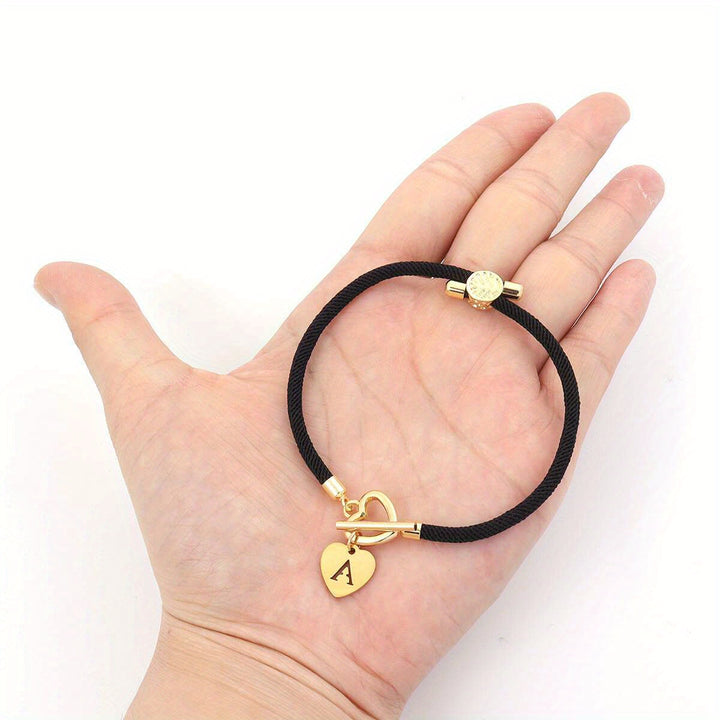 18K Gold Plated Initial Heart Charm Bracelet for Women, Classic Simple Adjustable Rope Stainless Steel Bangle, Daily Wear Jewelry – No Mosaic, Fits All Seasons