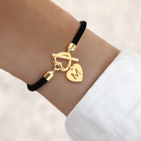 18K Gold Plated Initial Heart Charm Bracelet for Women, Classic Simple Adjustable Rope Stainless Steel Bangle, Daily Wear Jewelry – No Mosaic, Fits All Seasons
