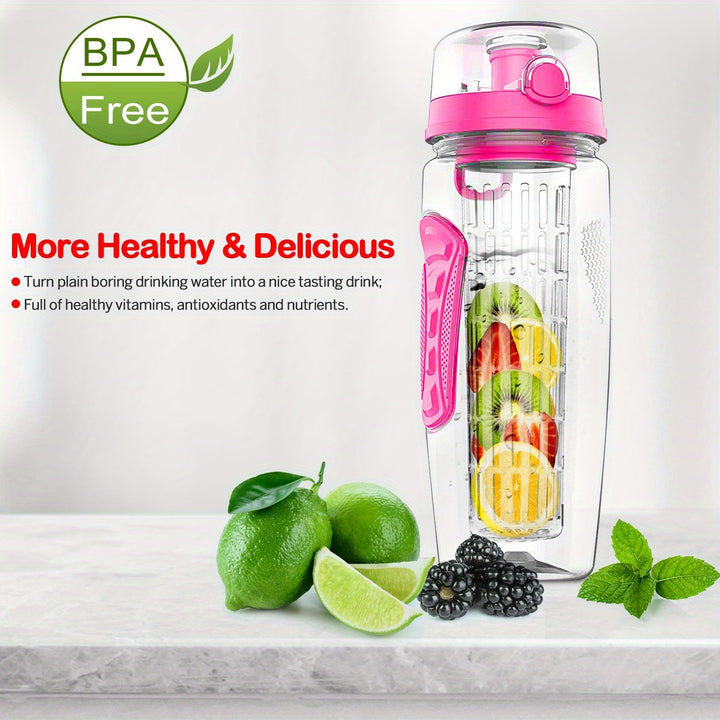 Fruit Infused Water Bottle 32OZ Fruit Juice Shaker Sport with Flip Top Non-Slip Handle for Office, Home Sports, Running, Walking, Hiking - Total Trends Fusion