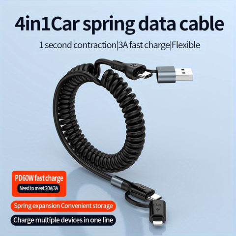 4in1 Multifunctional Fast Charging USB Cable, For 4-in-1 Data Cable with Spring Wire, PU Wire + Aluminum Alloy Material, 1.5 Meters After Stretching, for Type-C 60W, Universal for Phones, notebooks (supporting Data Transmissi - Total Trends Fusion