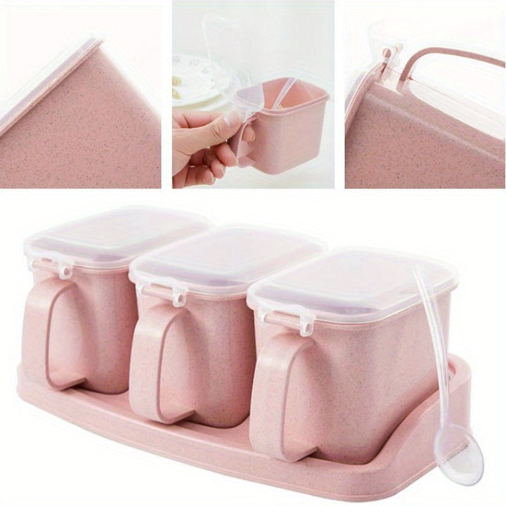 3-In-1 Multi-Compartment Spice Organizer - Acid & Alkali Resistant, Non-Slip Rubber Base, Easy-Clean Kitchen Storage For Salt, Sugar, Pepper - Beige/Pink - Total Trends Fusion