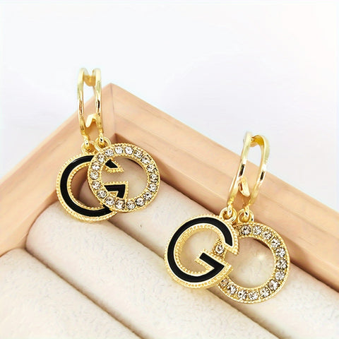 Trendy Double G Letter Pendant Dangle Earrings Inlaid Shiny Rhinestone Niche Design Alloy Ear Piercing Jewelry Decoration - Total Trends Fusion