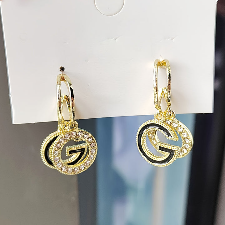 Trendy Double G Letter Pendant Dangle Earrings Inlaid Shiny Rhinestone Niche Design Alloy Ear Piercing Jewelry Decoration - Total Trends Fusion