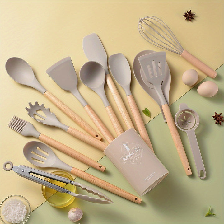 14 piece wooden handle silicone kitchenware set, kitchen baking and cooking tool set, high temperature resistant non stick pot special kitchenware, easy to clean, suitable for commercial Eid al Fitr Mubarak - Total Trends Fusion