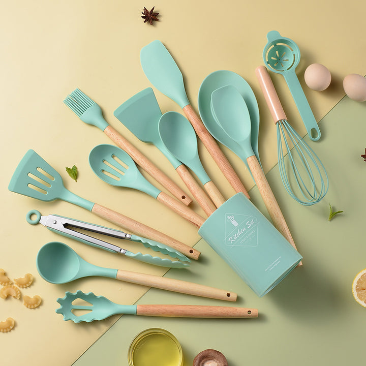 14 piece wooden handle silicone kitchenware set, kitchen baking and cooking tool set, high temperature resistant non stick pot special kitchenware, easy to clean, suitable for commercial Eid al Fitr Mubarak - Total Trends Fusion