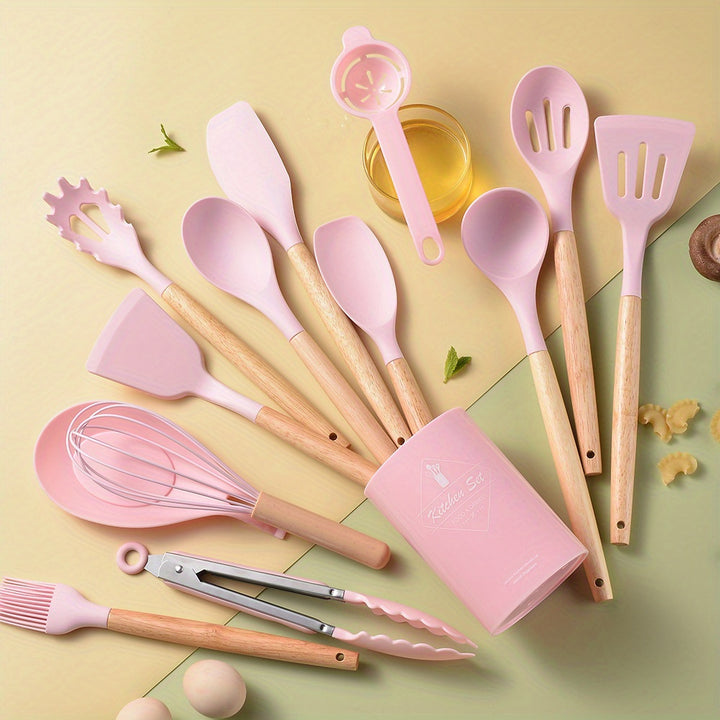 14 piece wooden handle silicone kitchenware set, kitchen baking and cooking tool set, high temperature resistant non stick pot special kitchenware, easy to clean, suitable for commercial Eid al Fitr Mubarak - Total Trends Fusion
